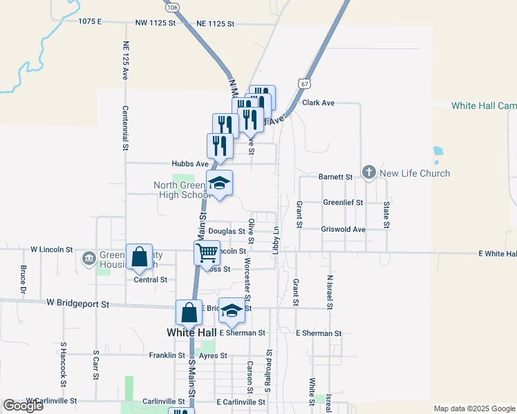 map of restaurants, bars, coffee shops, grocery stores, and more near 322 Higbee Street in White Hall