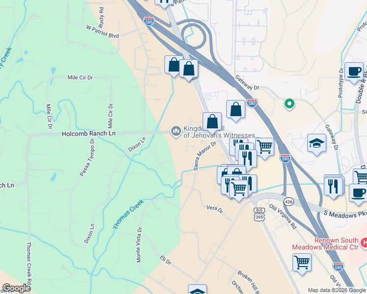 map of restaurants, bars, coffee shops, grocery stores, and more near 455 Paisano Court in Reno