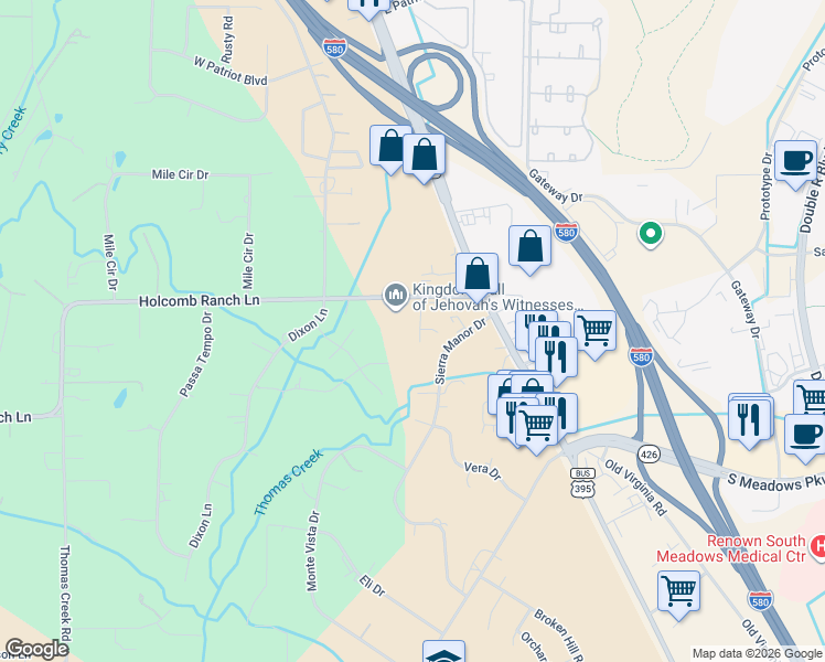 map of restaurants, bars, coffee shops, grocery stores, and more near 455 Paisano Court in Reno