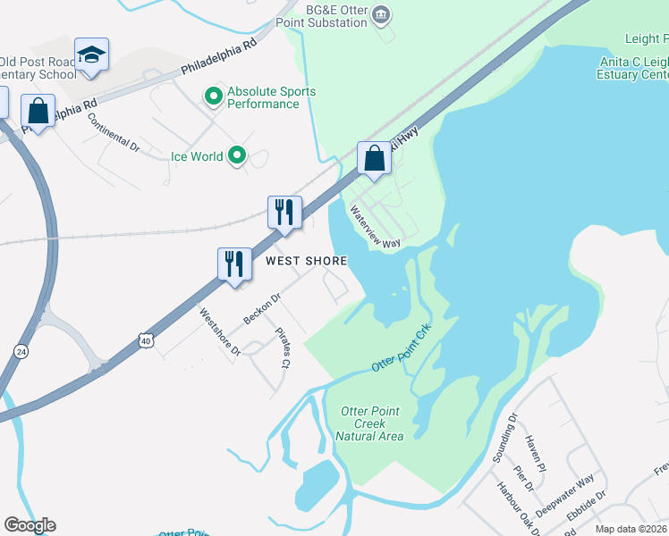 map of restaurants, bars, coffee shops, grocery stores, and more near 1055 Lake Front Drive in Edgewood
