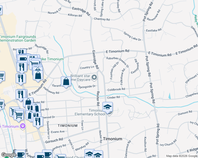map of restaurants, bars, coffee shops, grocery stores, and more near 2119 Reuter Road in Timonium