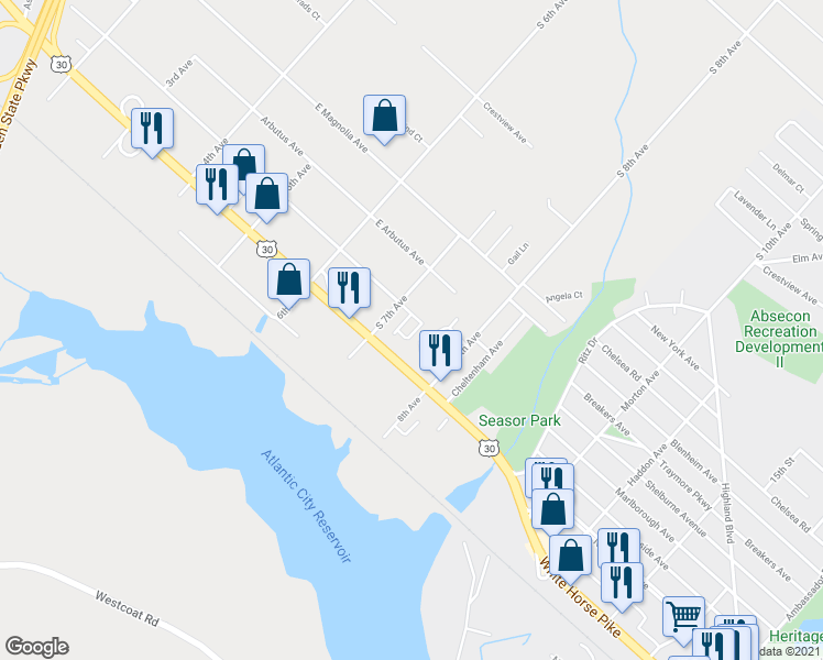 map of restaurants, bars, coffee shops, grocery stores, and more near 719 Pine Avenue in Galloway