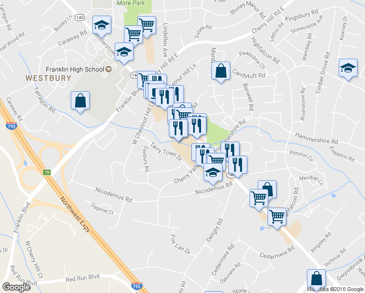 map of restaurants, bars, coffee shops, grocery stores, and more near 11706 Reisterstown Road in Reisterstown