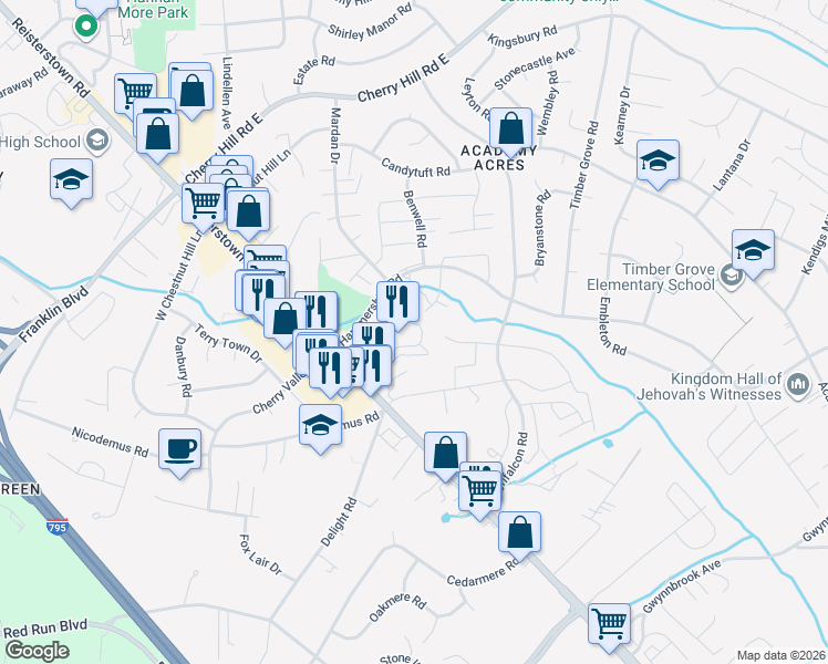 map of restaurants, bars, coffee shops, grocery stores, and more near 76 Shetland Circle in Reisterstown