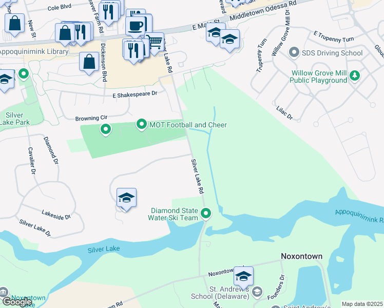 map of restaurants, bars, coffee shops, grocery stores, and more near Silver Lake Road in Middletown