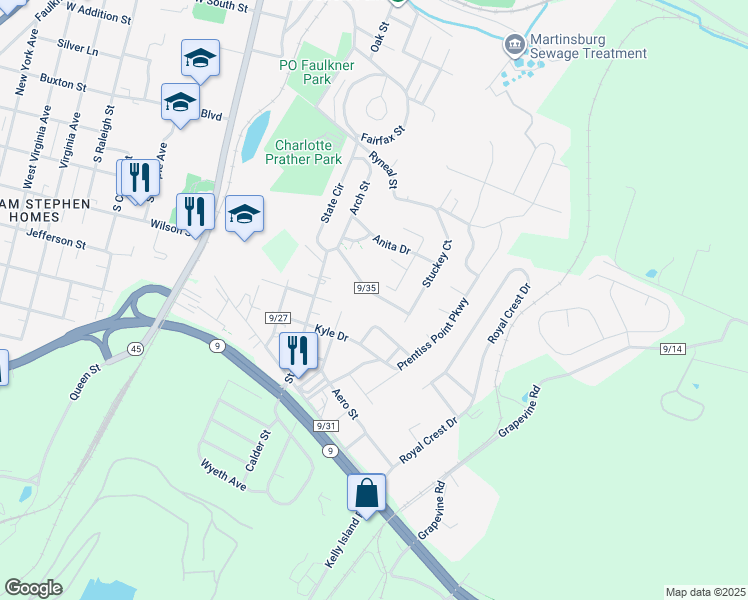 map of restaurants, bars, coffee shops, grocery stores, and more near 140 Capital Drive in Martinsburg