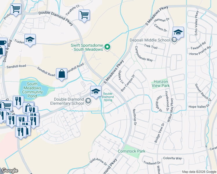 map of restaurants, bars, coffee shops, grocery stores, and more near 9637 Shadowstone Way in Reno