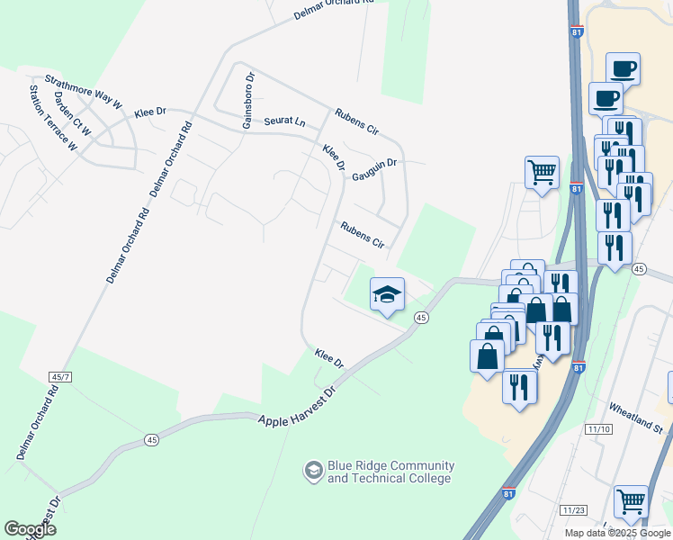 map of restaurants, bars, coffee shops, grocery stores, and more near Brashear Court in Martinsburg