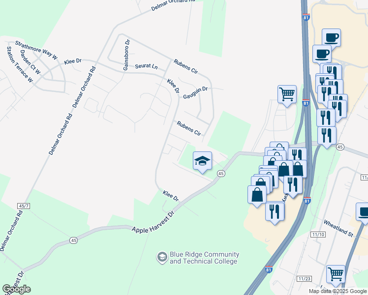 map of restaurants, bars, coffee shops, grocery stores, and more near 119 Kincaid Court in Martinsburg