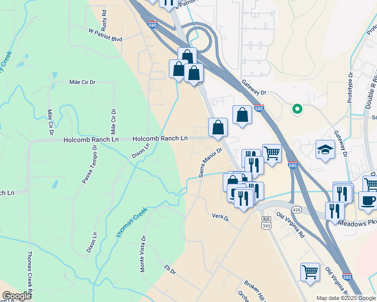 map of restaurants, bars, coffee shops, grocery stores, and more near 455 Paisano Court in Reno