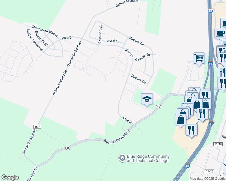 map of restaurants, bars, coffee shops, grocery stores, and more near 627 Fontana Circle in Martinsburg