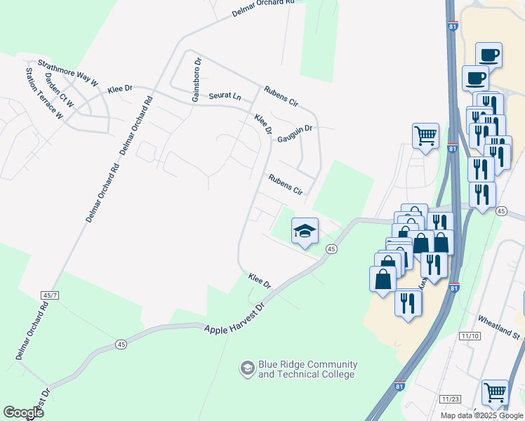 map of restaurants, bars, coffee shops, grocery stores, and more near Brashear Court in Martinsburg