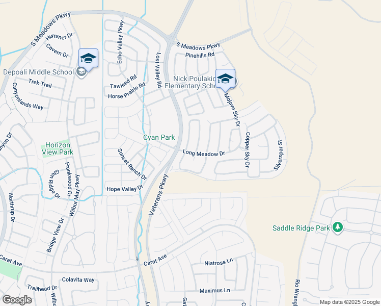 map of restaurants, bars, coffee shops, grocery stores, and more near Long Meadow Drive in Reno