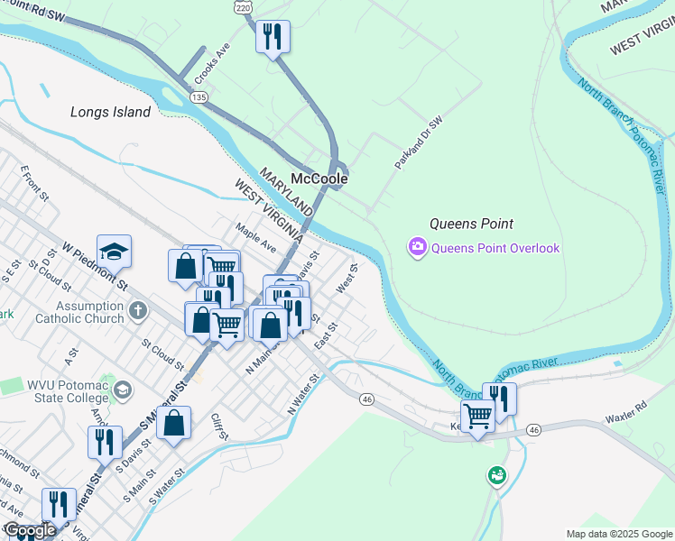 map of restaurants, bars, coffee shops, grocery stores, and more near 312 North Main Street in Keyser
