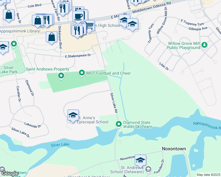 map of restaurants, bars, coffee shops, grocery stores, and more near Silver Lake Road in Middletown