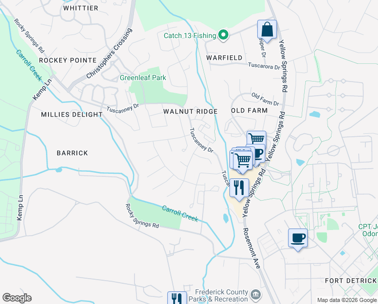 map of restaurants, bars, coffee shops, grocery stores, and more near 1824 Spruce Peak Way in Frederick