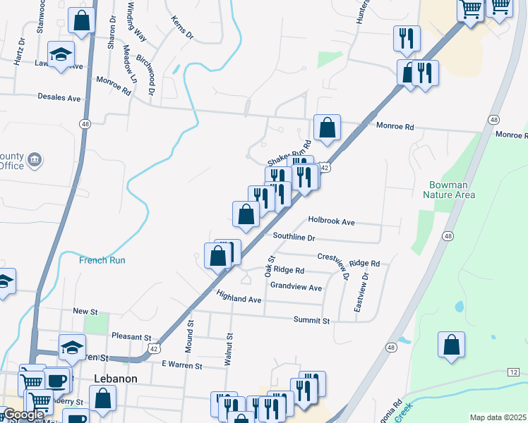 map of restaurants, bars, coffee shops, grocery stores, and more near 714 Columbus Avenue in Lebanon
