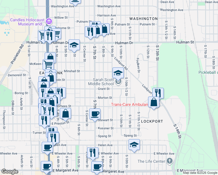 map of restaurants, bars, coffee shops, grocery stores, and more near 2216 South 8th Street in Terre Haute
