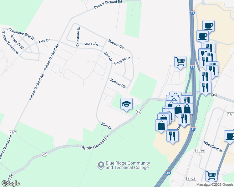 map of restaurants, bars, coffee shops, grocery stores, and more near 119 Kincaid Court in Martinsburg