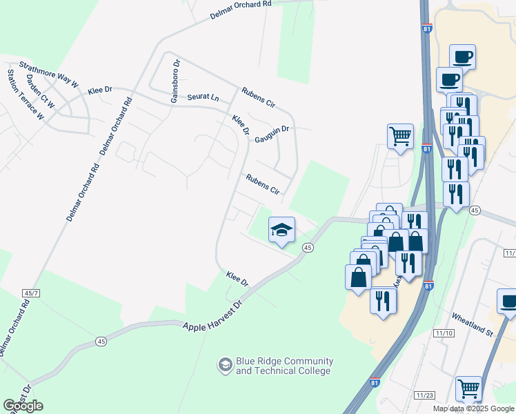 map of restaurants, bars, coffee shops, grocery stores, and more near 125 Kincaid Court in Martinsburg