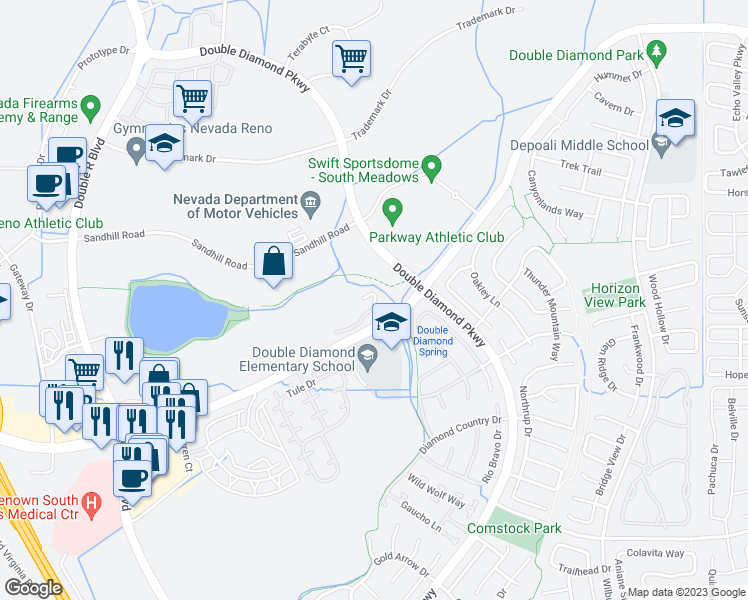 map of restaurants, bars, coffee shops, grocery stores, and more near 1325 South Meadows Parkway in Reno