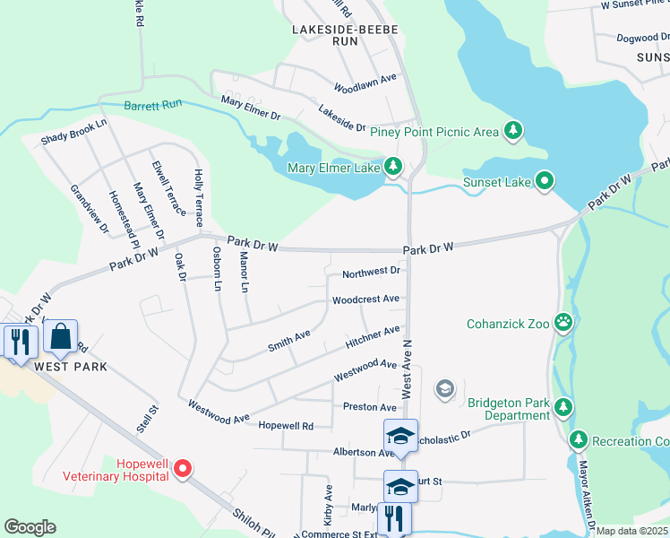 map of restaurants, bars, coffee shops, grocery stores, and more near 33 Northwest Drive in Bridgeton