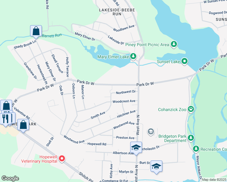 map of restaurants, bars, coffee shops, grocery stores, and more near 33 Northwest Drive in Bridgeton