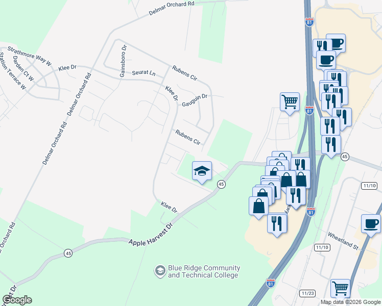 map of restaurants, bars, coffee shops, grocery stores, and more near 199 Oflannery Court in Martinsburg