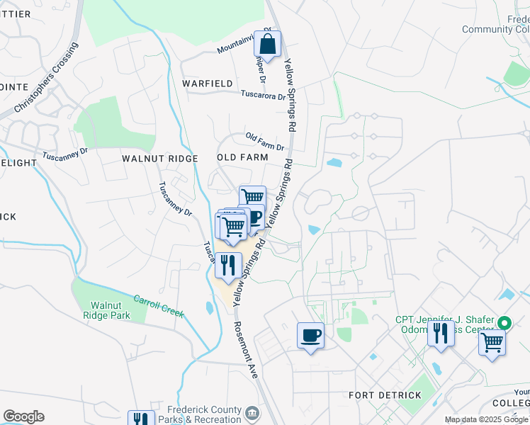 map of restaurants, bars, coffee shops, grocery stores, and more near 2100 Whitehall Road in Frederick