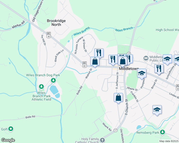 map of restaurants, bars, coffee shops, grocery stores, and more near Walnut Street in Middletown