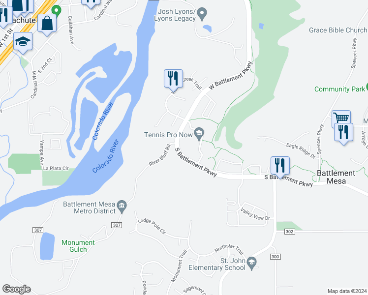 map of restaurants, bars, coffee shops, grocery stores, and more near 854 West Battlement Parkway in Battlement Mesa
