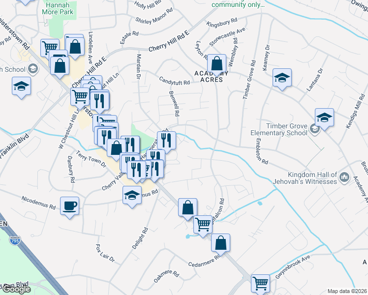 map of restaurants, bars, coffee shops, grocery stores, and more near 11 Woodenbridge Court in Reisterstown
