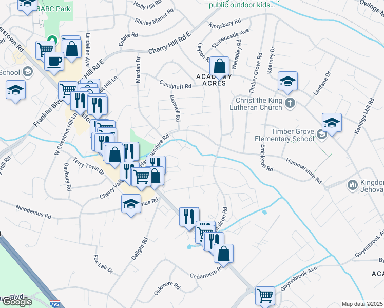 map of restaurants, bars, coffee shops, grocery stores, and more near 37 Woodenbridge Court in Reisterstown