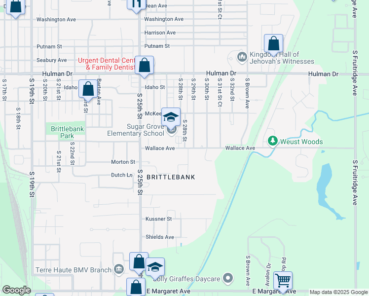map of restaurants, bars, coffee shops, grocery stores, and more near 2800 Wallace Avenue in Terre Haute