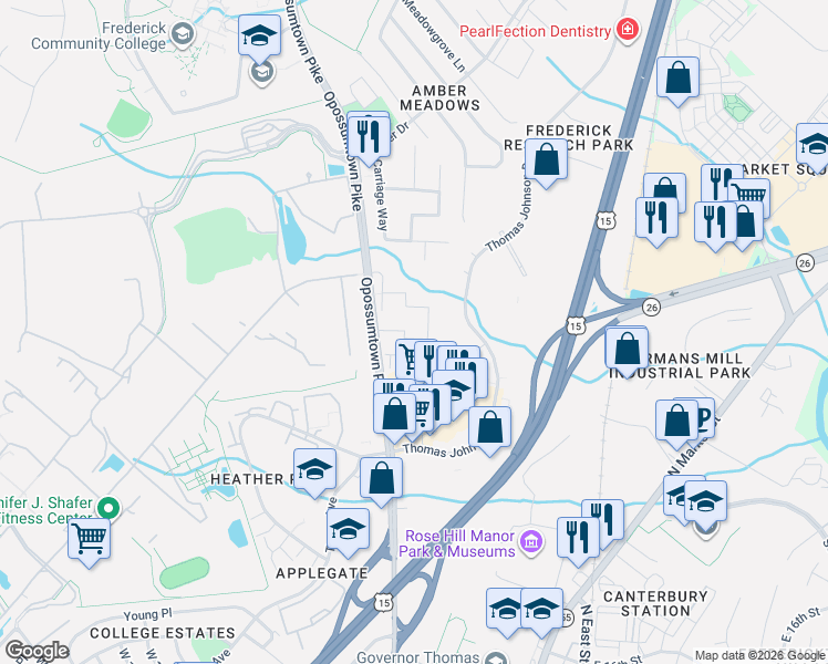 map of restaurants, bars, coffee shops, grocery stores, and more near 130 Fairfield Drive in Frederick