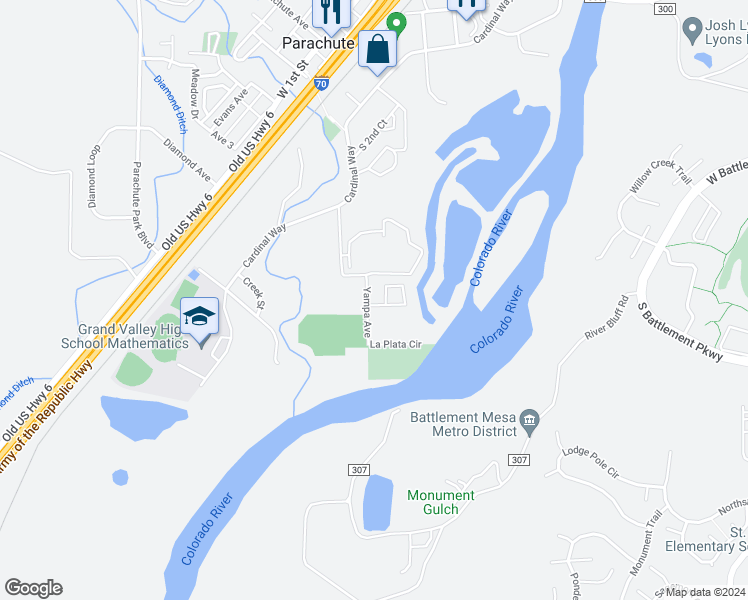 map of restaurants, bars, coffee shops, grocery stores, and more near 180 Yampa Avenue in Parachute
