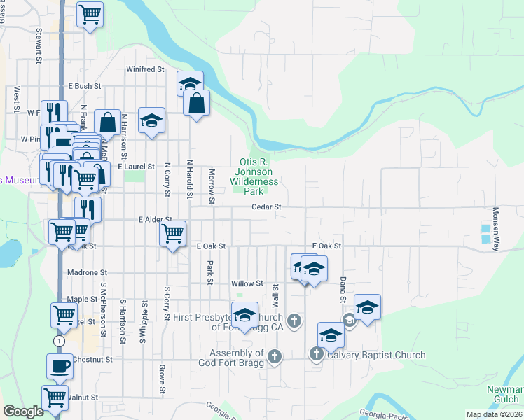 map of restaurants, bars, coffee shops, grocery stores, and more near 1002 Cedar Street in Fort Bragg