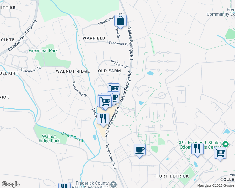 map of restaurants, bars, coffee shops, grocery stores, and more near 2108 Whitehall Road in Frederick