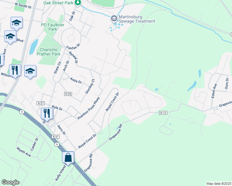 map of restaurants, bars, coffee shops, grocery stores, and more near 587 Royal Crest Drive in Martinsburg