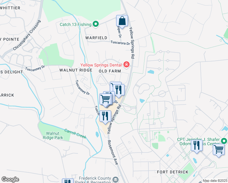 map of restaurants, bars, coffee shops, grocery stores, and more near 2112 Whitehall Road in Frederick