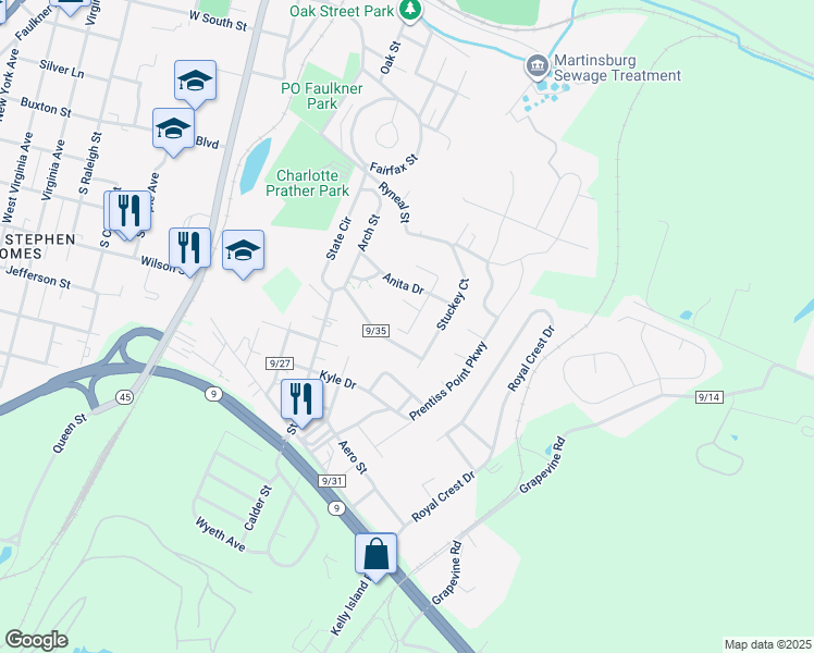 map of restaurants, bars, coffee shops, grocery stores, and more near 84 Hawthorne Avenue in Martinsburg