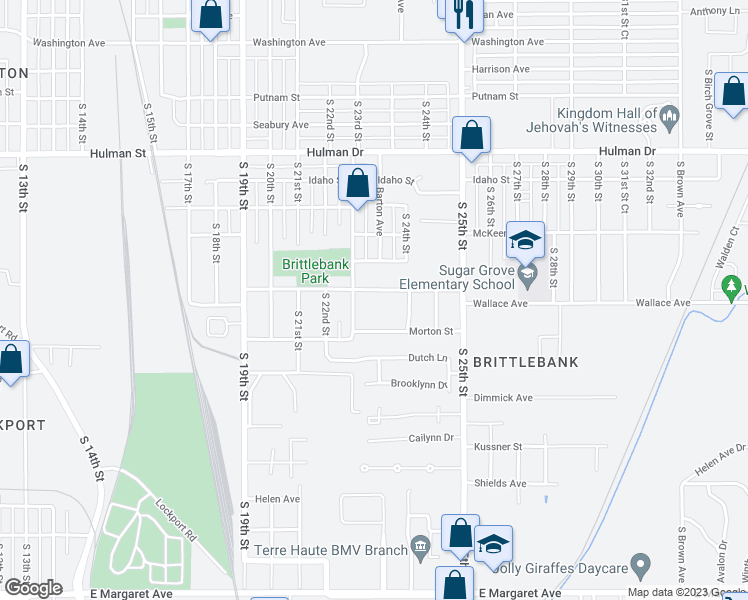 map of restaurants, bars, coffee shops, grocery stores, and more near 2330 Wallace Avenue in Terre Haute