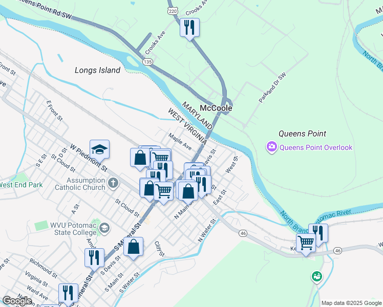 map of restaurants, bars, coffee shops, grocery stores, and more near 156 Maple Avenue in Keyser