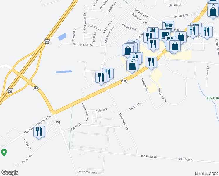 map of restaurants, bars, coffee shops, grocery stores, and more near 700 Middletown Warwick Road in Middletown