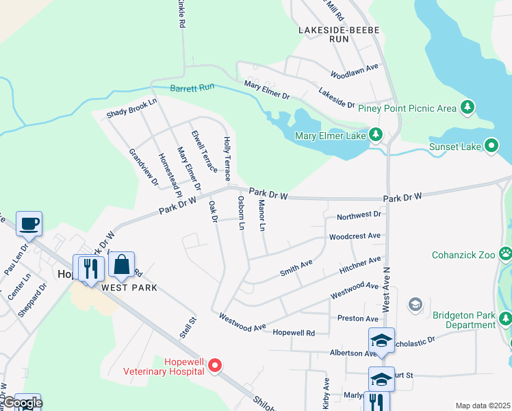 map of restaurants, bars, coffee shops, grocery stores, and more near 170 West Park Drive in Bridgeton