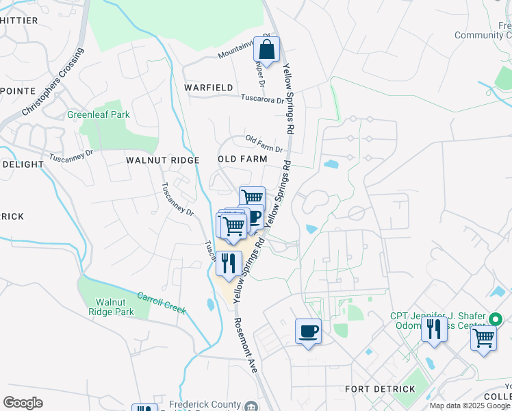 map of restaurants, bars, coffee shops, grocery stores, and more near 2106 Whitehall Road in Frederick