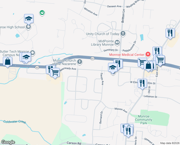 map of restaurants, bars, coffee shops, grocery stores, and more near 351 Macready Avenue in Monroe