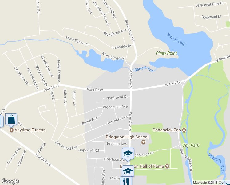 map of restaurants, bars, coffee shops, grocery stores, and more near 120 West Park Drive in Bridgeton
