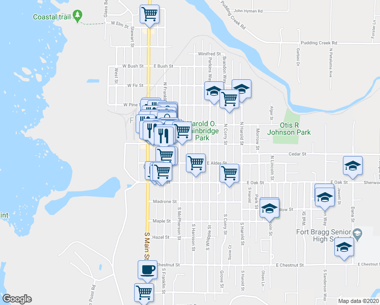map of restaurants, bars, coffee shops, grocery stores, and more near 233 North Harrison Street in Fort Bragg