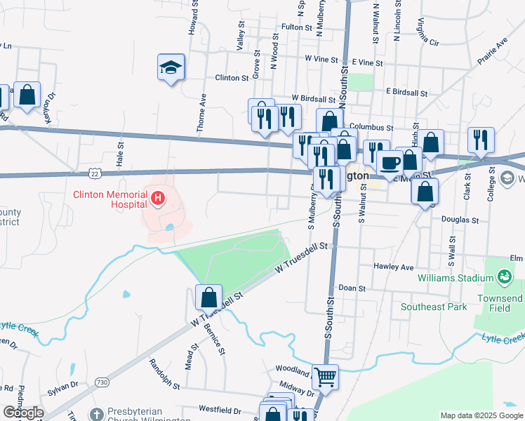 map of restaurants, bars, coffee shops, grocery stores, and more near 139 South Wood Street in Wilmington